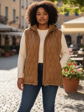 Free People Movement Dream Big Quilted Hooded Vest Medium Camel Brown NWT